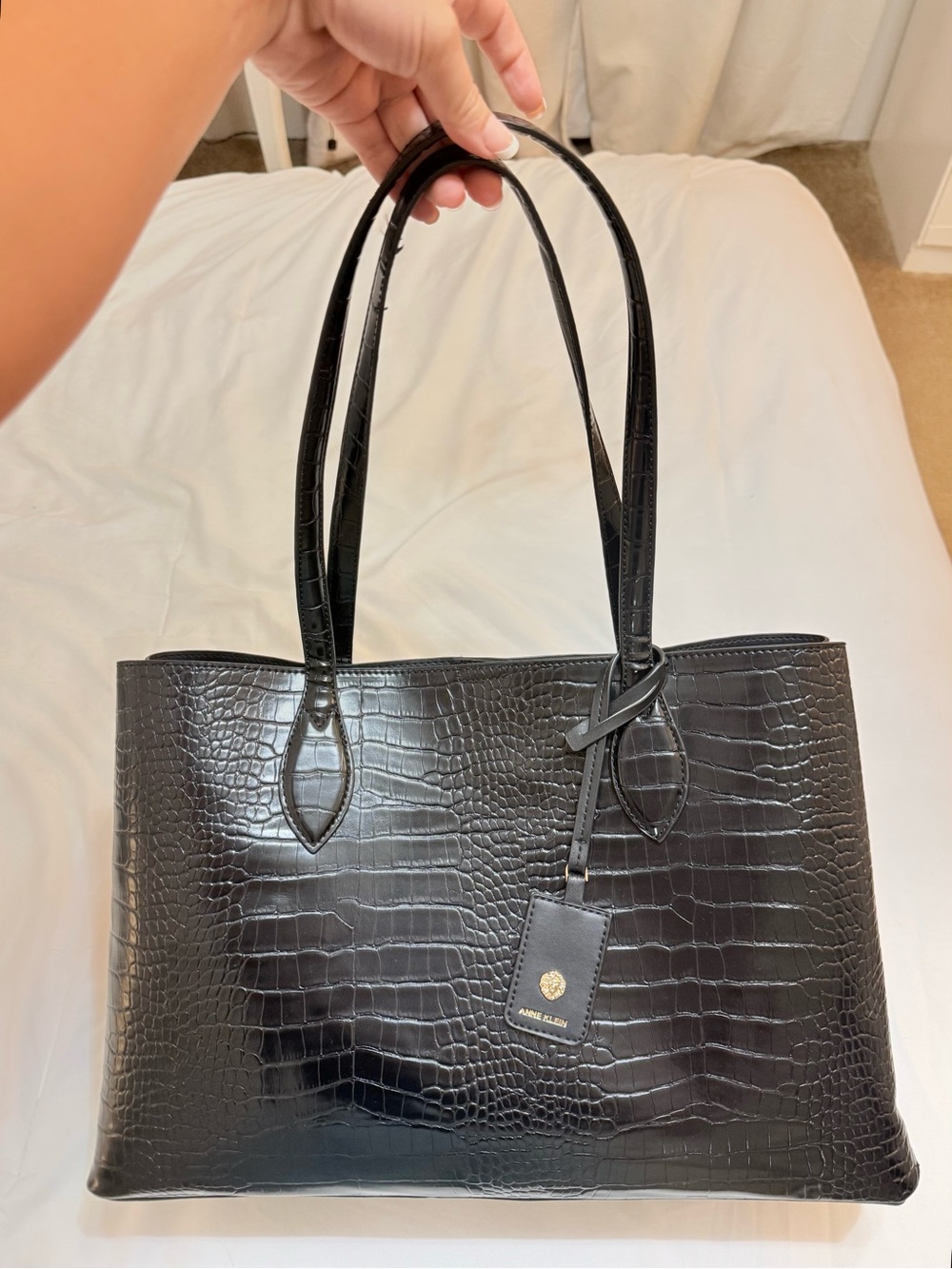 Anne Klein Black Croc-Embossed Leather Tote